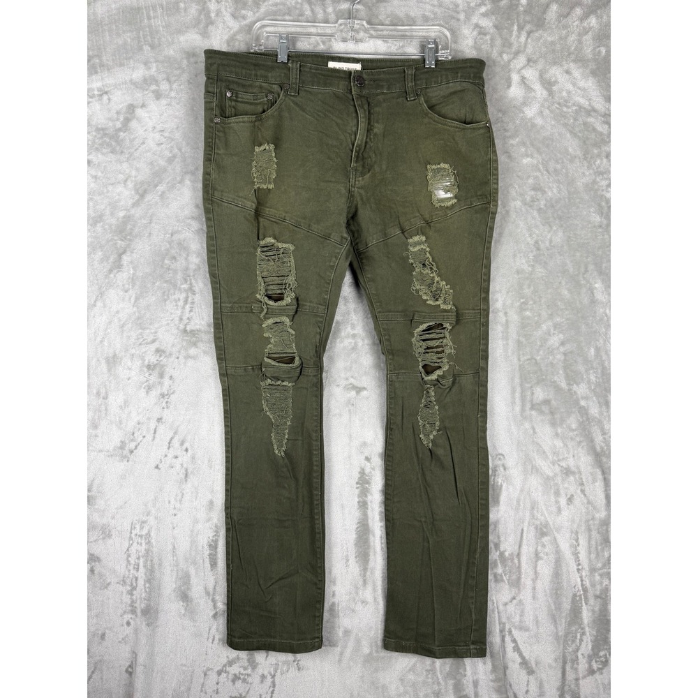 Blind Trust Mens Distressed Moto Khaki Green Jeans Pants‎ 38x34